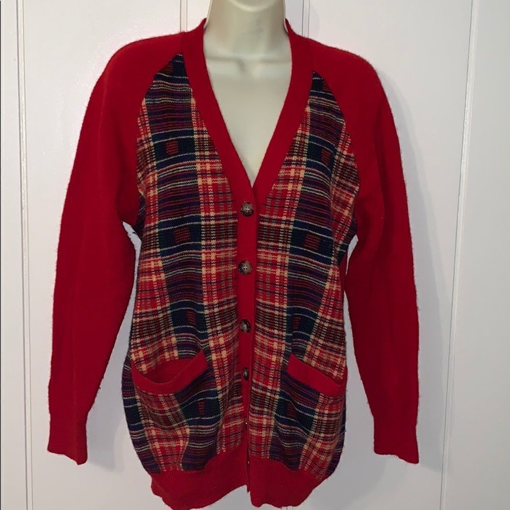 Vtg 80s Lee Sophy plaid wool cardigan sweater